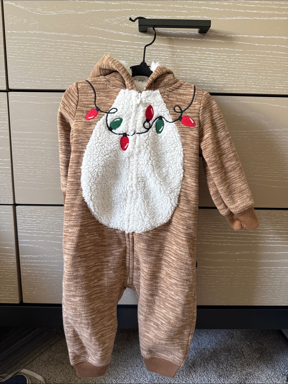 Carter's Brown Hooded Sherpa One-Piece with Red & Green Light Embroidery
